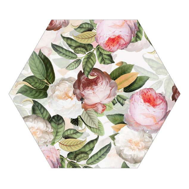 Hexagon Mustertapete selbstklebend - Pfingstrosen mit Blättern