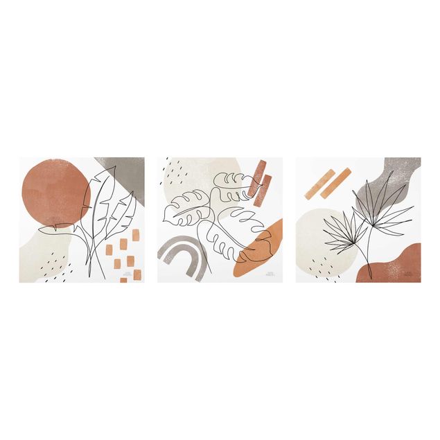 Glasbild - Pflanzenblätter Lineart und Terracotta Farben - 3-teilig