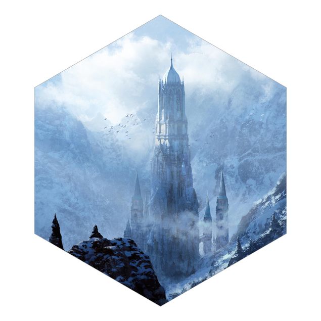 Hexagon Mustertapete selbstklebend - Phantastisches Schloss im Schnee