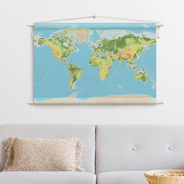 Wandbehang groß Physische Weltkarte