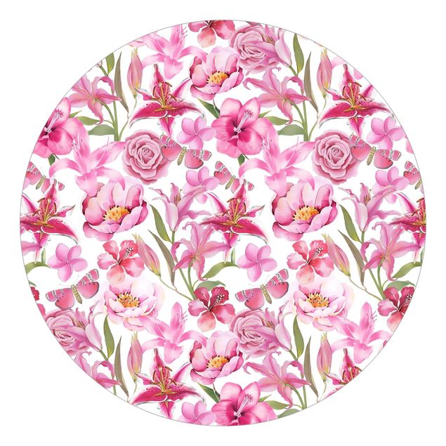 Design Tapeten Pinke Blumen mit Schmetterlingen