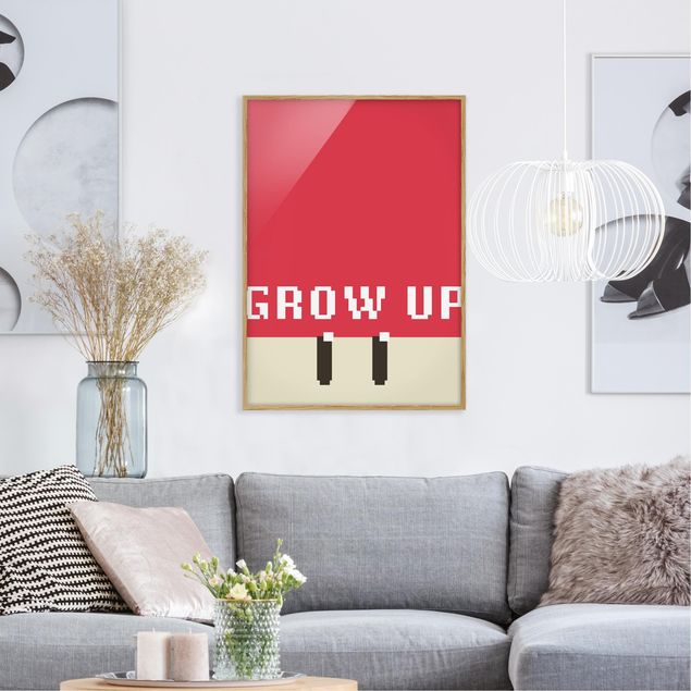 Moderne Bilder mit Rahmen Pixel Spruch Grow Up in Rot