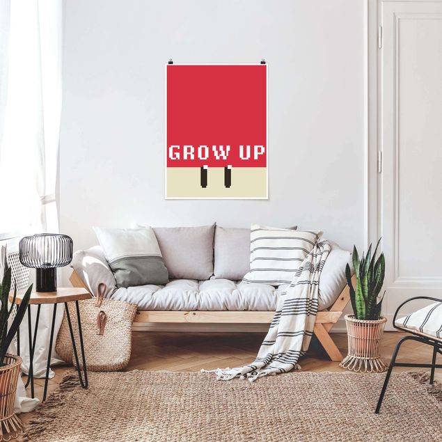 Poster mit Spruch Pixel Spruch Grow Up in Rot