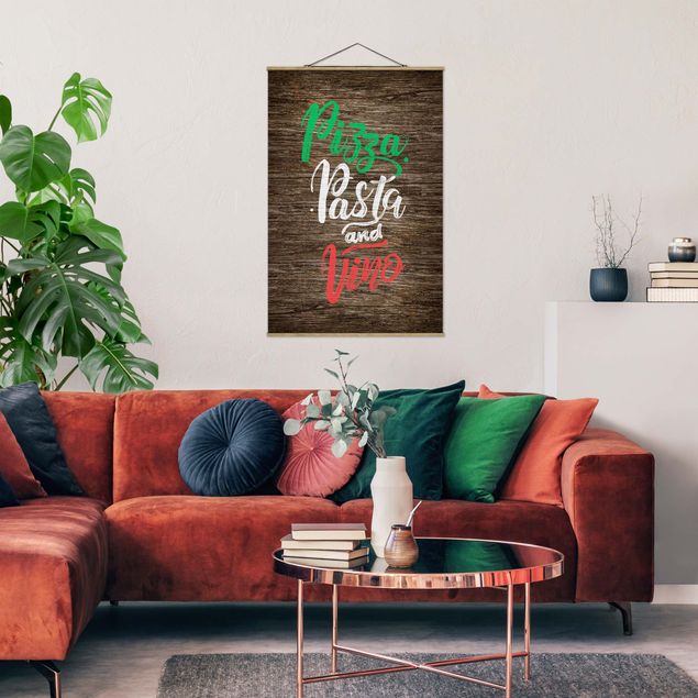 Stoffbilder mit Posterleisten Pizza Pasta and Vino auf Planke