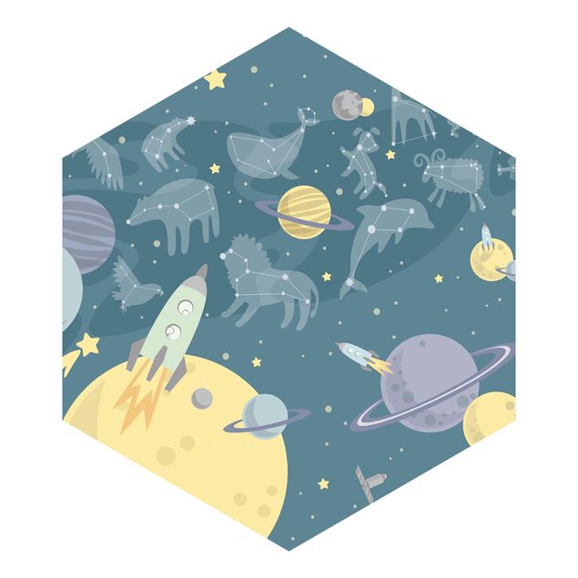 Hexagon Mustertapete selbstklebend - Planeten mit Sternzeichen und Raketen