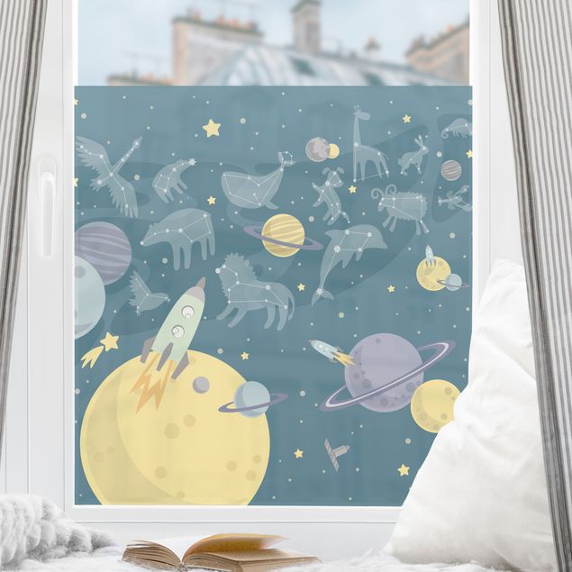 Klebefolie Fenster Planeten mit Sternzeichen und Raketen