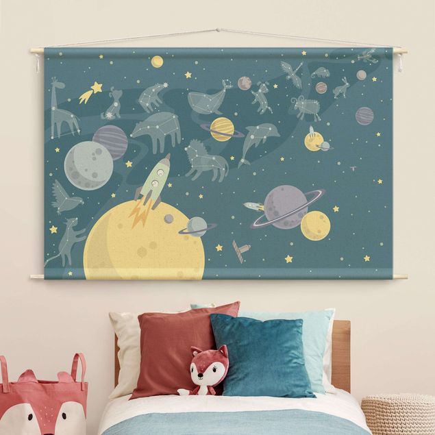 Wandbehang Planeten mit Sternzeichen und Raketen