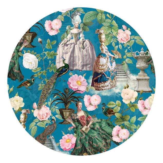 Runde Tapete selbstklebend - Pompöse Kleider im Rosengarten auf Blau