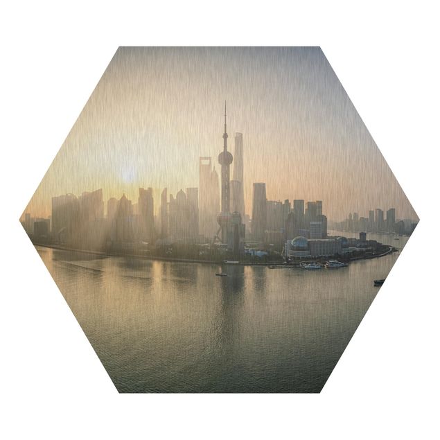 Hexagon Bild Alu-Dibond - Pudong bei Sonnenaufgang
