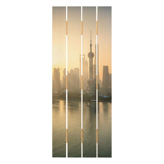 Holzbild - Pudong bei Sonnenaufgang - Hochformat