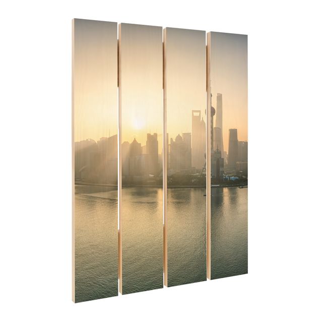 Holzbild - Pudong bei Sonnenaufgang - Hochformat