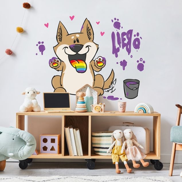Wandtattoo - Pummeleinhorn - Hund mit Farbeimer