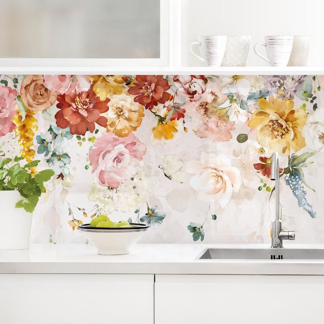 Platte Küchenrückwand Rankende Blumen Aquarell Vintage