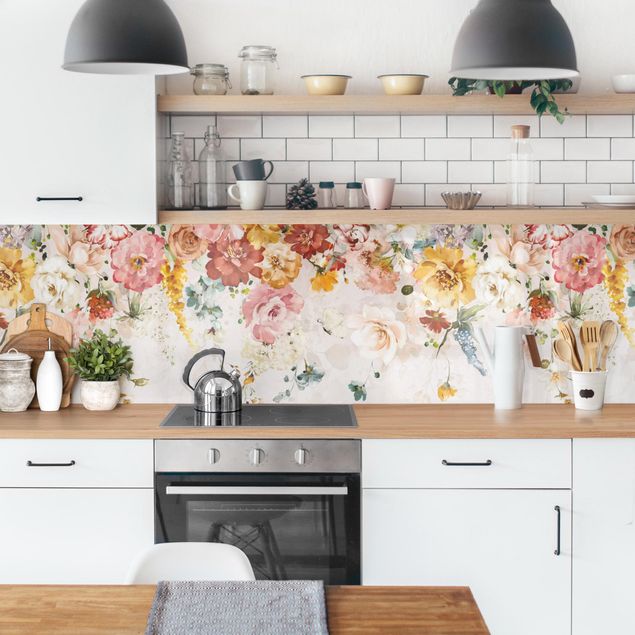 Wandpaneele Küche Rankende Blumen Aquarell Vintage
