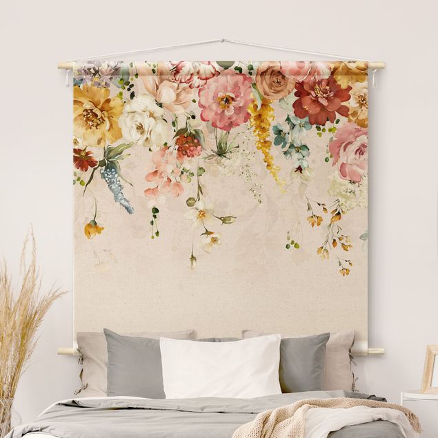 Wandteppich modern Rankende Blumen Aquarell Vintage