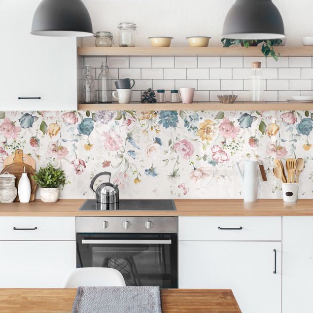 Wandpaneele Küche Rankende Blumen mit Schmetterlingen Aquarell
