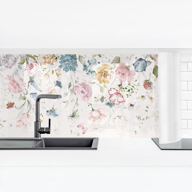 Küchenrückwand selbstklebend Rankende Blumen mit Schmetterlingen Aquarell