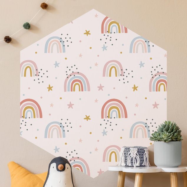 Hexagon Mustertapete selbstklebend - Regenbogenwelt mit Sternen und Pünktchen