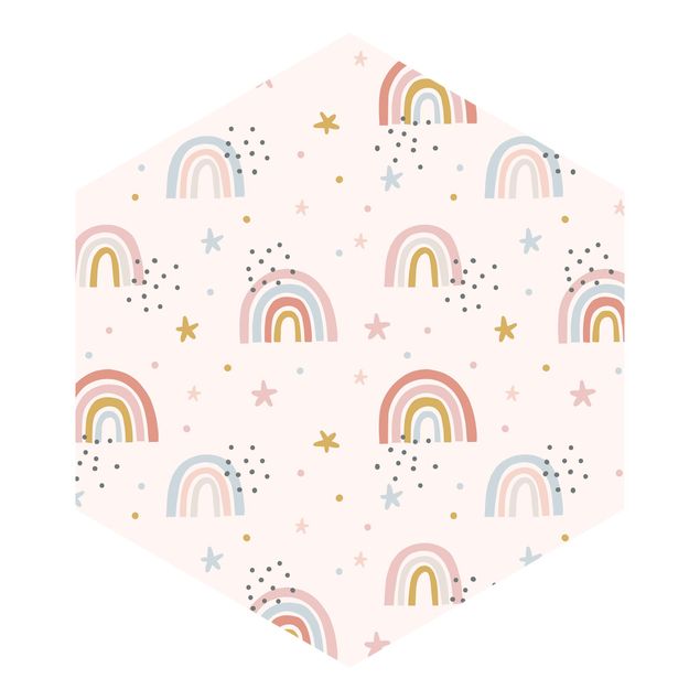 Hexagon Mustertapete selbstklebend - Regenbogenwelt mit Sternen und Pünktchen