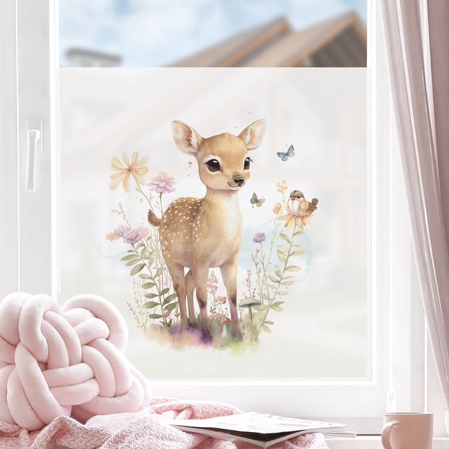 Fensterbilder Tiere Rehkitz auf Blumenwiese