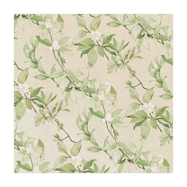 Kork-Teppich - Romantisches Blütenaquarell Natur Grün - Quadrat 1:1
