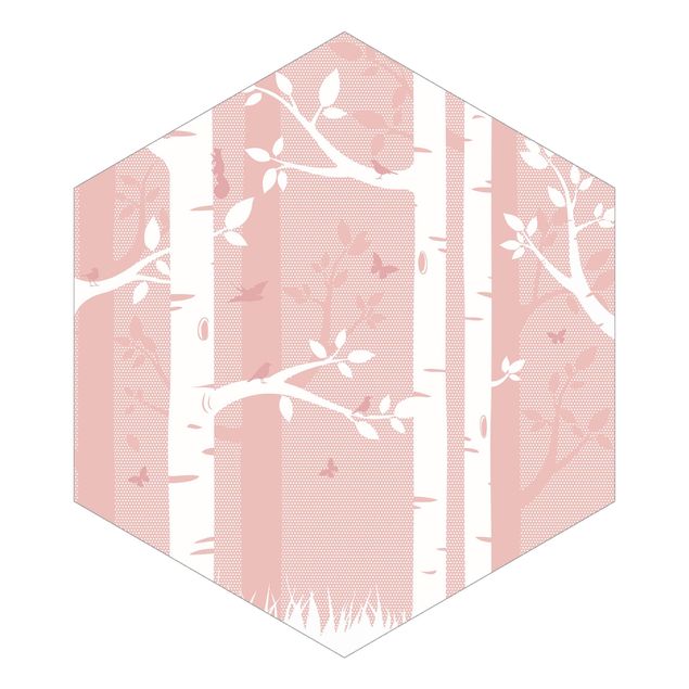 Hexagon Mustertapete selbstklebend - Rosa Birkenwald mit Schmetterlingen und Vögel
