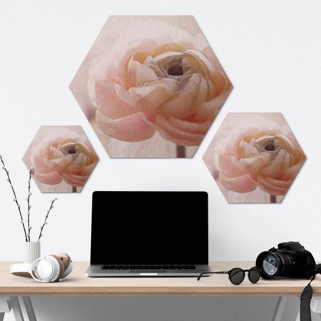 Hexagon Bild Alu-Dibond - Rosa Blüte im Fokus
