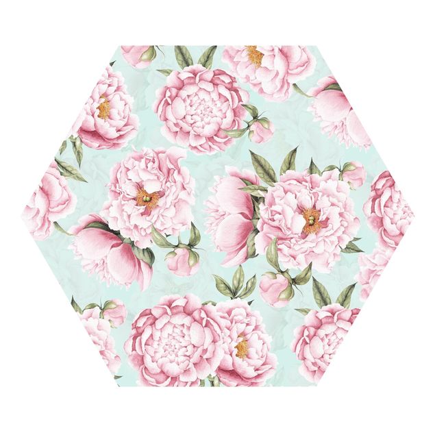 Hexagon Mustertapete selbstklebend - Rosa Blumen auf Mint als Aquarell