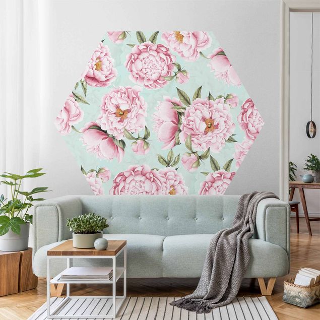 Hexagon Mustertapete selbstklebend - Rosa Blumen auf Mint als Aquarell