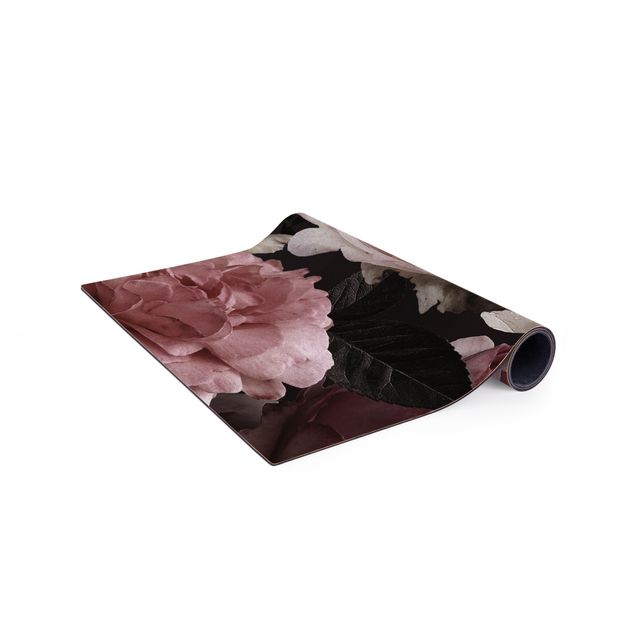 Teppich rosa Rosa Blumen auf Schwarz Vintage