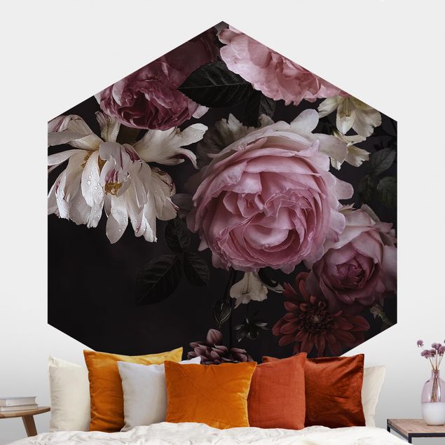 Landhaus Tapete Rosa Blumen auf Schwarz Vintage