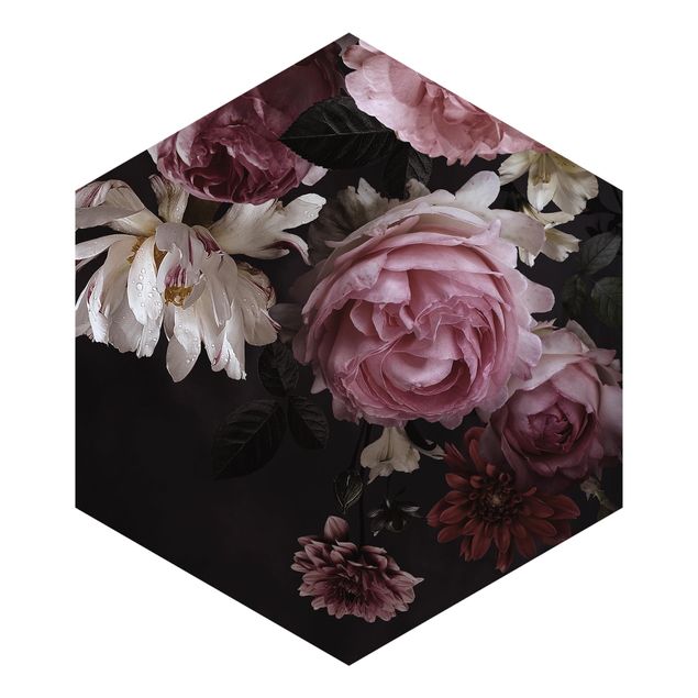Tapeten Rosa Blumen auf Schwarz Vintage