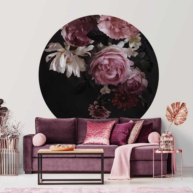 Runde Tapete selbstklebend - Rosa Blumen auf Schwarz Vintage