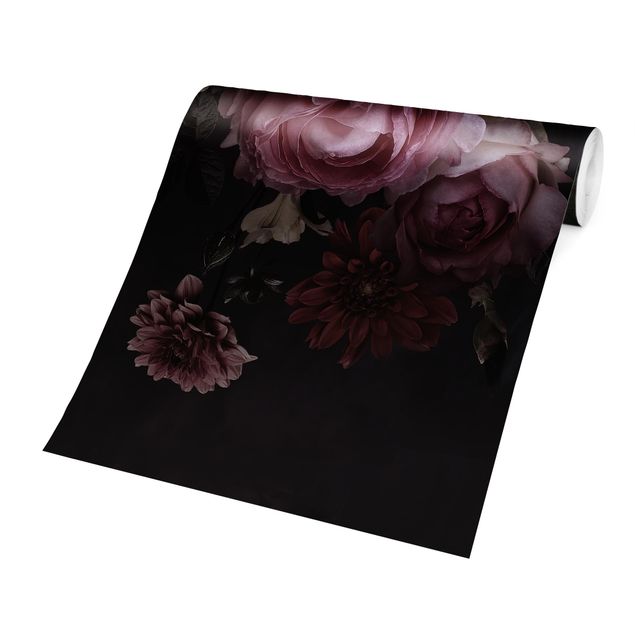 Design Tapeten Rosa Blumen auf Schwarz Vintage