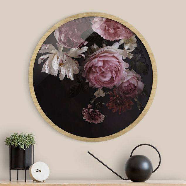 Runde Bilder mit Rahmen Rosa Blumen auf Schwarz Vintage