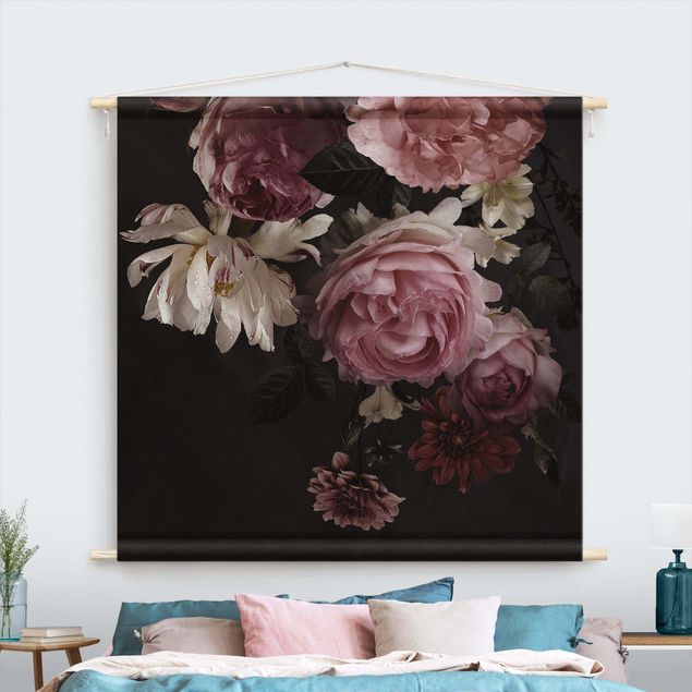 Wandbehang Rosa Blumen auf Schwarz Vintage