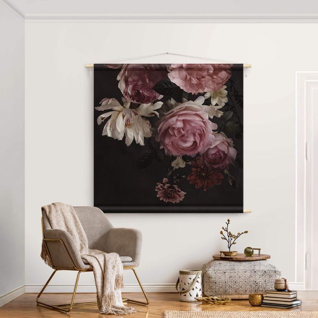 Wandtücher Rosa Blumen auf Schwarz Vintage