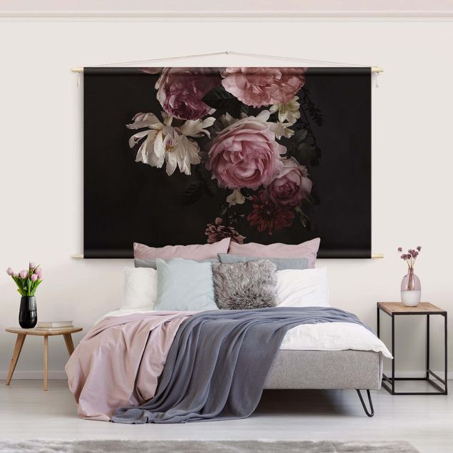 Wandbehang Tuch Rosa Blumen auf Schwarz Vintage