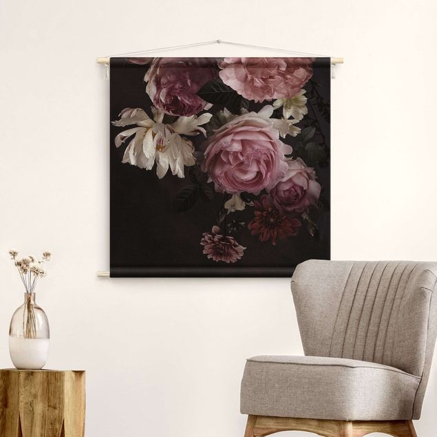 Wandteppich groß Rosa Blumen auf Schwarz Vintage