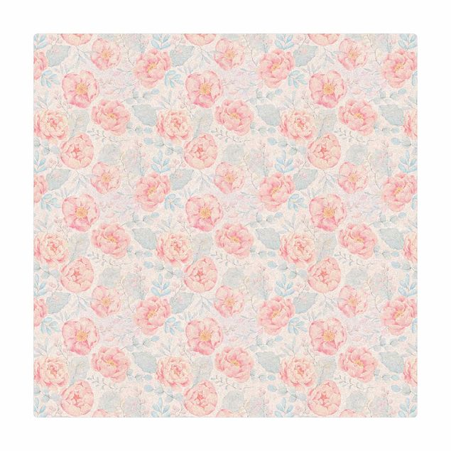 Kork-Teppich - Rosa Blumen mit Hellblauen Blättern - Quadrat 1:1