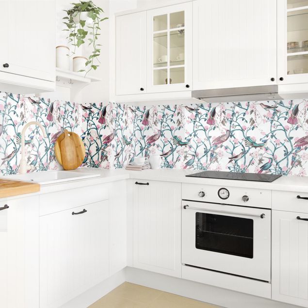 Küchenrückwand - Rosa Blumenranken mit Vögeln in Blau II