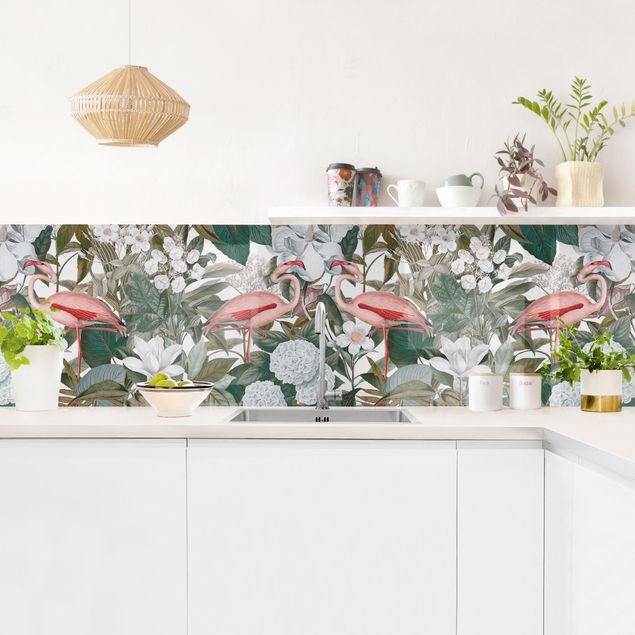 Küchenrückwand - Rosa Flamingos mit Blättern und weißen Blumen