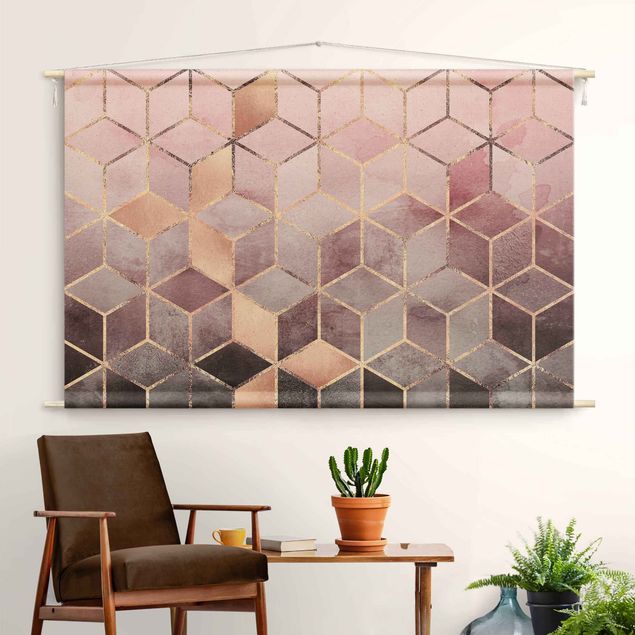 Wandbehang modern Rosa Grau goldene Geometrie