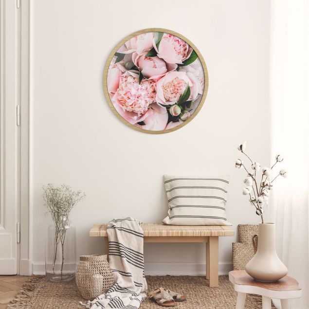 Moderne Bilder mit Rahmen Rosa Pfingstrosen mit Blättern