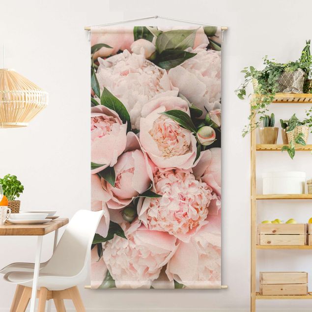Wandteppich modern Rosa Pfingstrosen mit Blättern