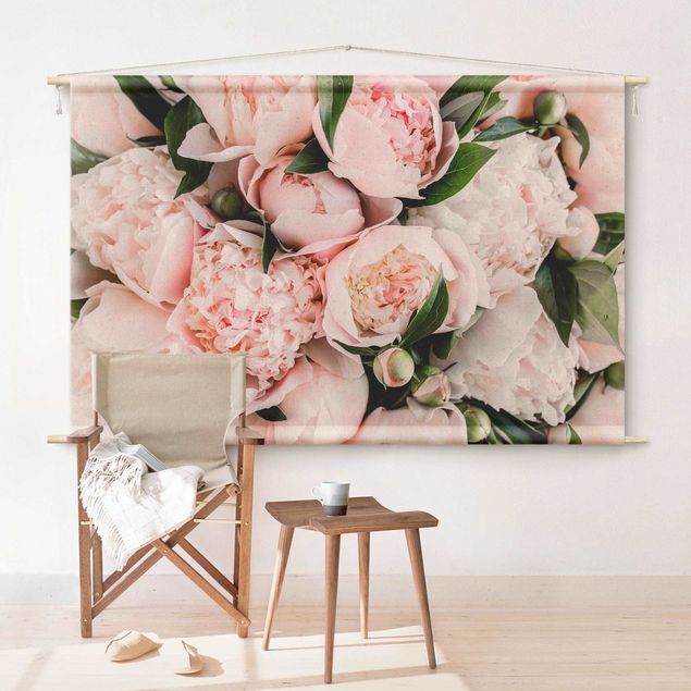 Wandbehang modern Rosa Pfingstrosen mit Blättern