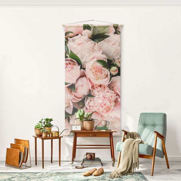 Wandtücher Rosa Pfingstrosen mit Blättern