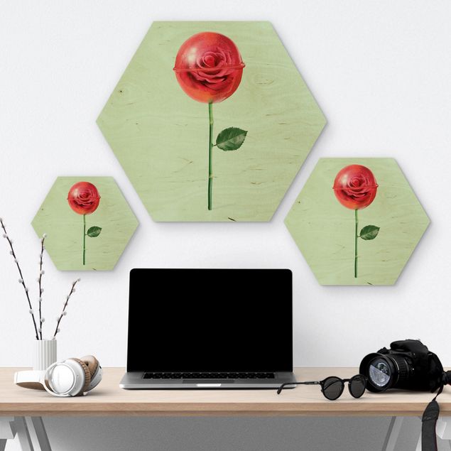 Hexagon Bild Holz - Rose mit Lollipop