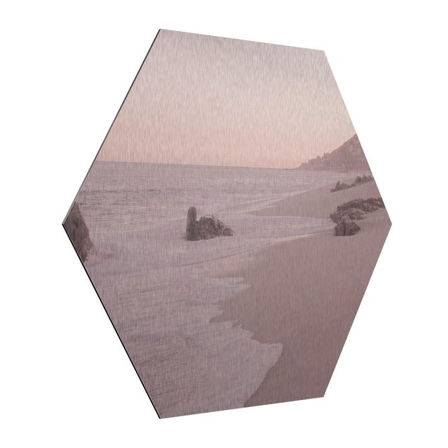 Hexagon Bild Alu-Dibond - Roségoldener Strand