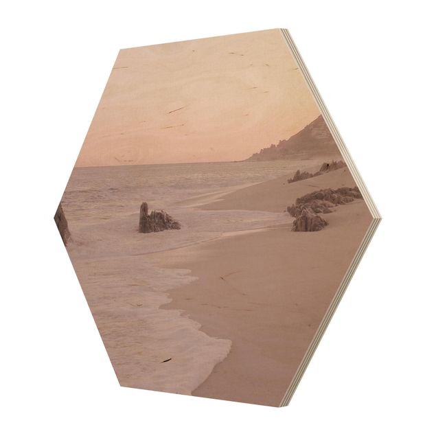 Hexagon Bild Holz - Roségoldener Strand